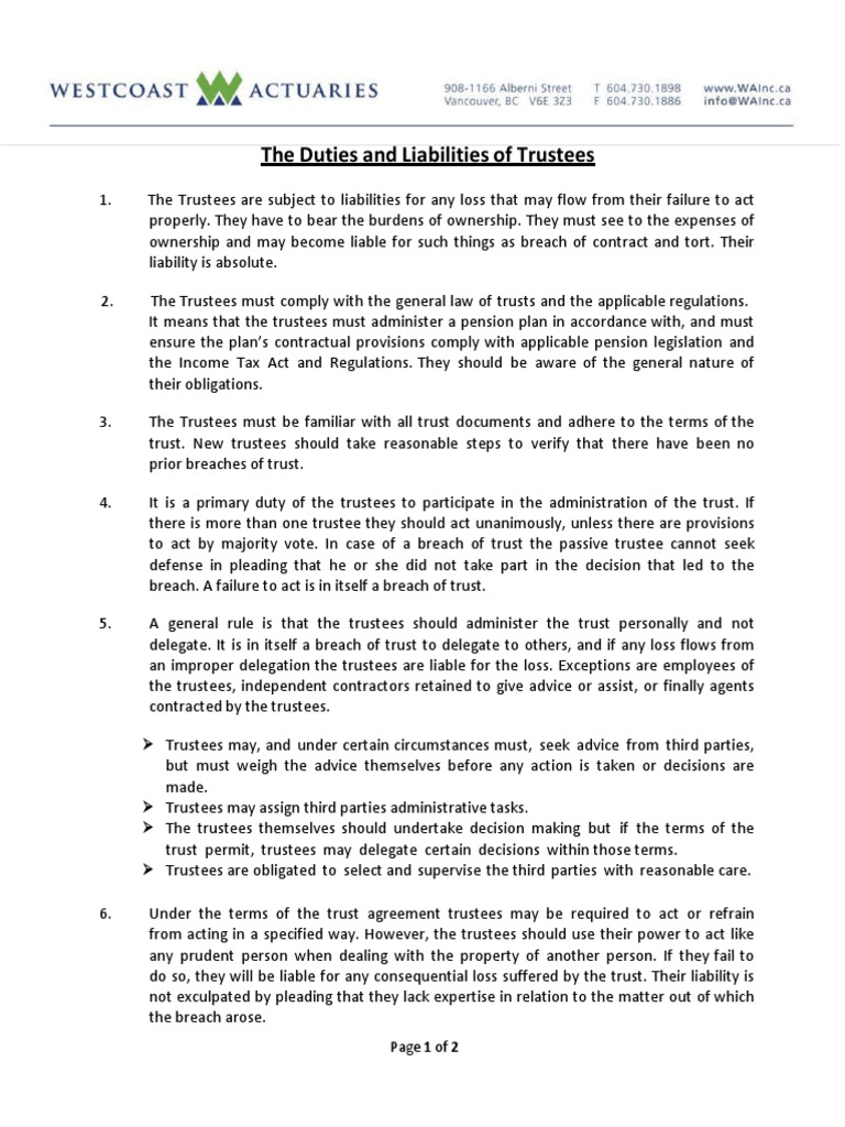 Duties and Liabilities of Trustees | PDF | Trust Law | Trustee