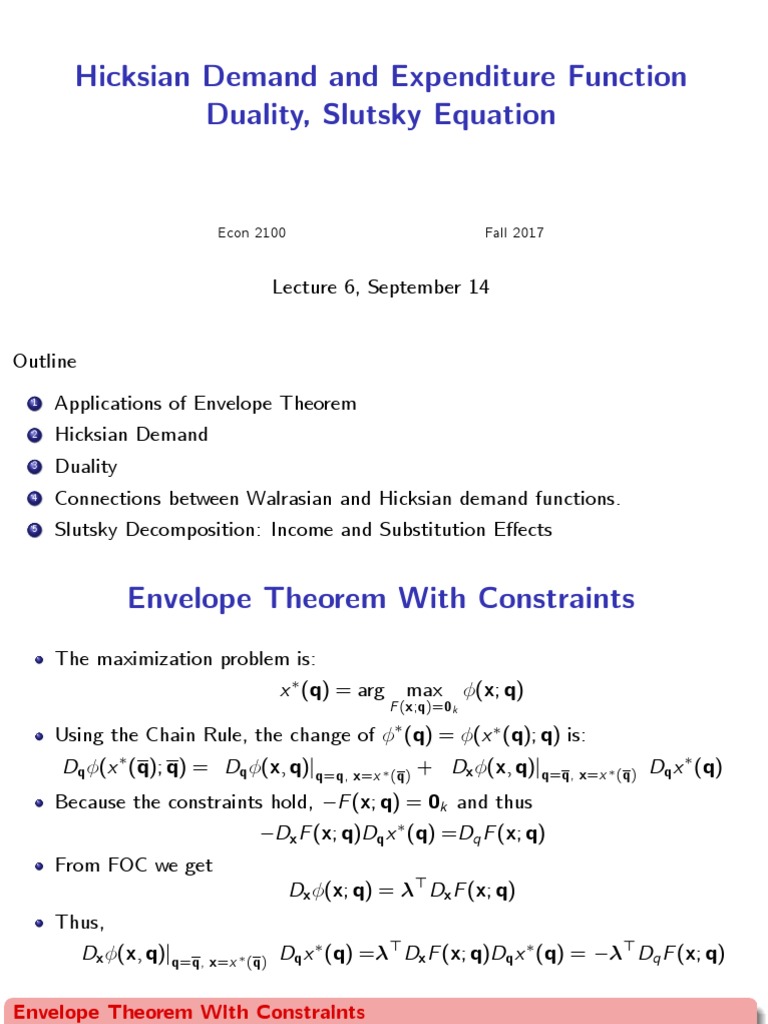 Lecture 06 Hicksian Demand And Expenditure Function Pdf Price Elasticity Of Demand Utility