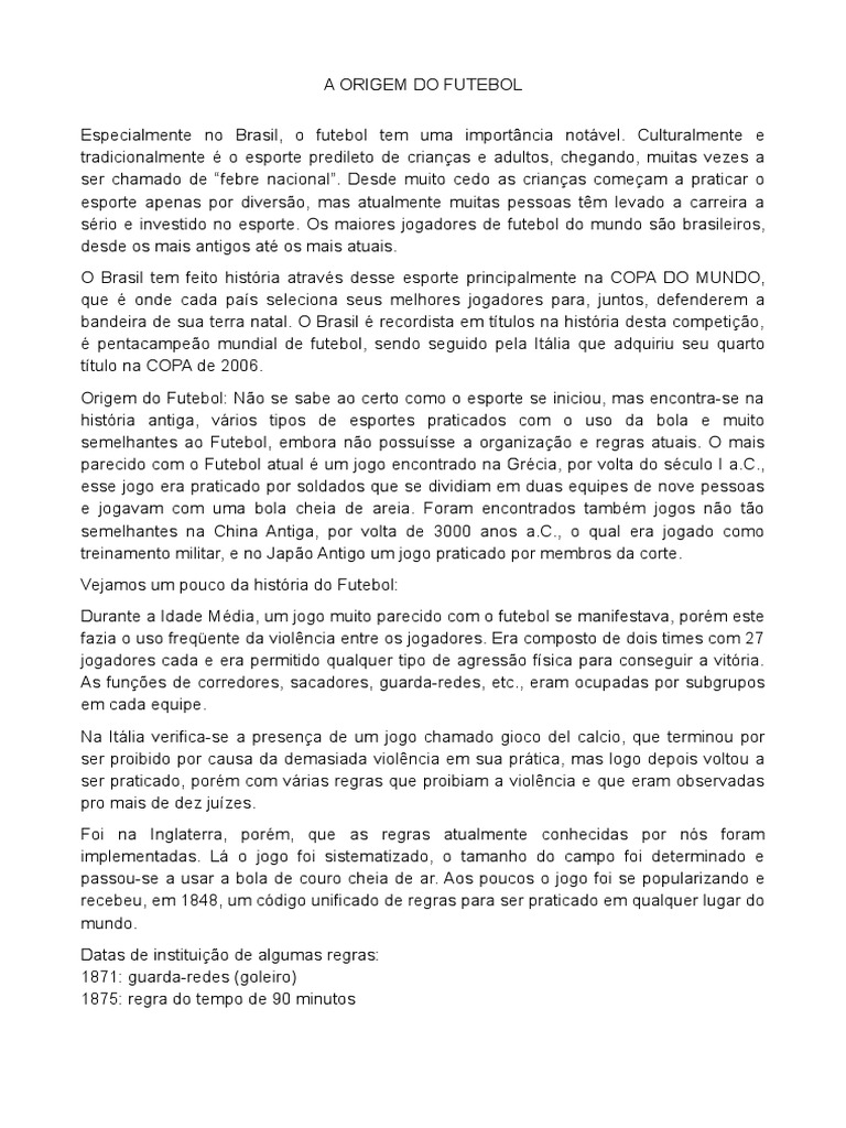 Texto Origem Do Futebol | Associação de Futebol | Esportes | Avaliação ...