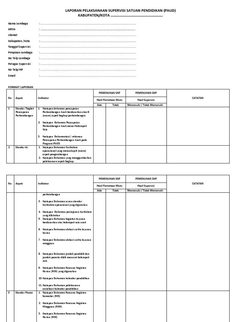 Format Laporan Supervisi Paud