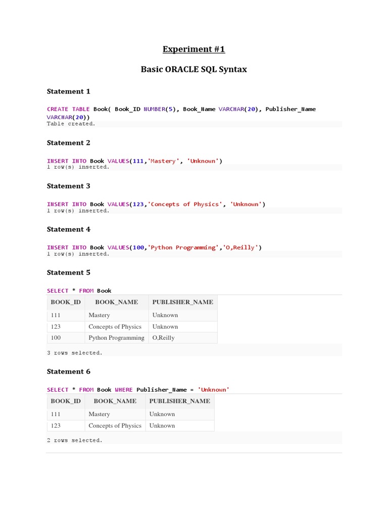 Experiment #1 Basic ORACLE SQL Syntax: Statement 1 | PDF