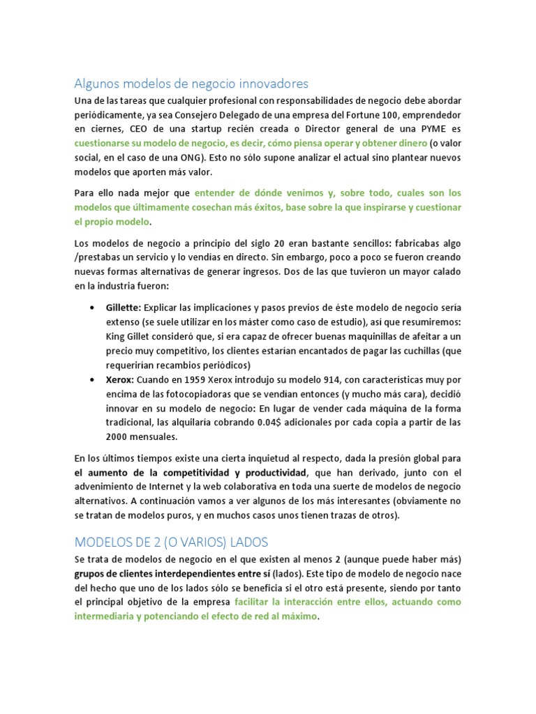 Modelos de negocio innovadores actuales | PDF | Modelo de negocio ...