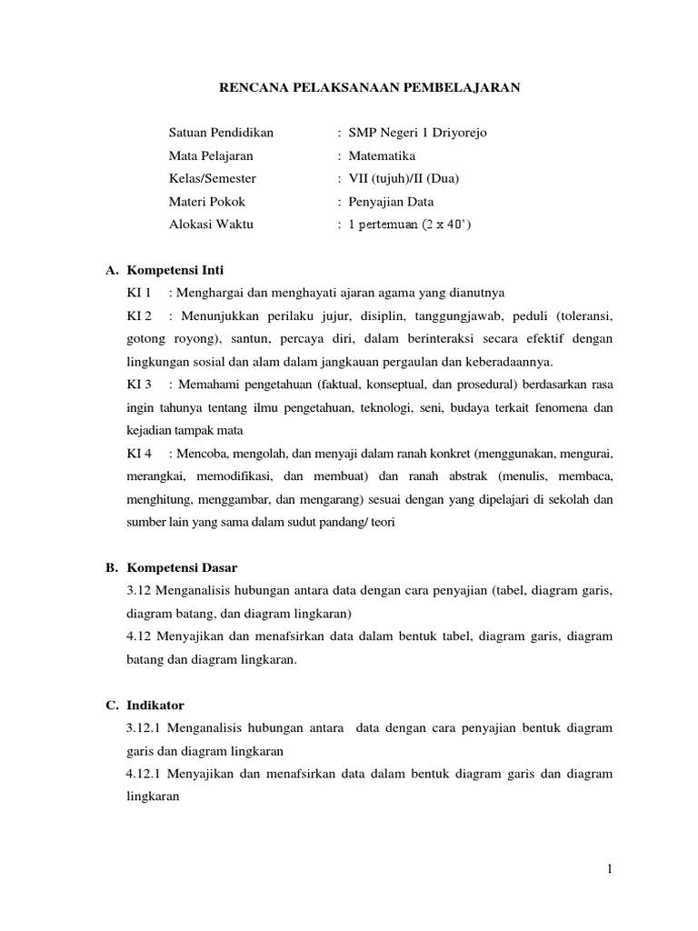 Rpp Materi Penyajian Data Kelas 7 Kurikulum 2013 Lengkap