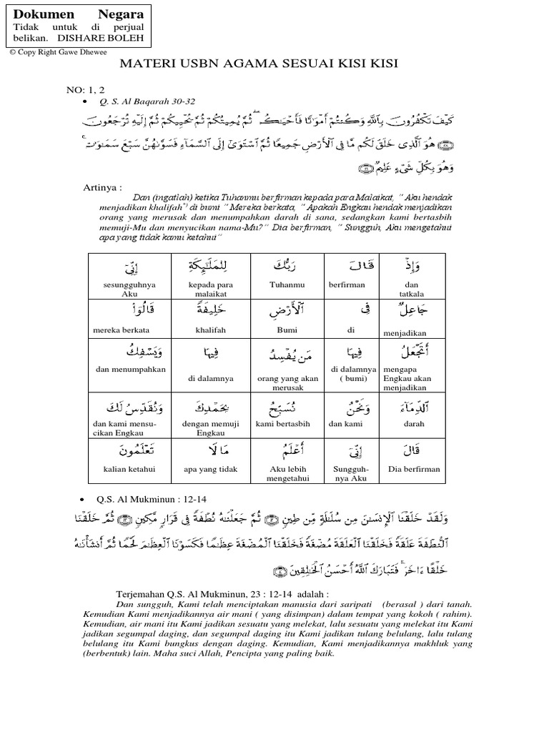 Materi Usbn Agama Urut Kisi Kisi