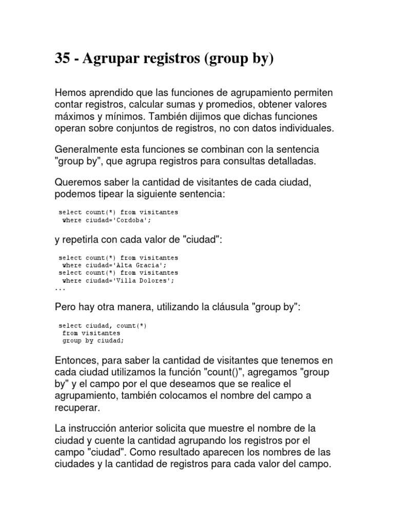 Sentencia Group by | PDF | Bases de datos | Software de gestión de datos