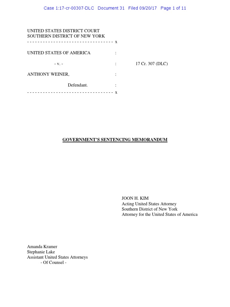 Weiner Sentencing Memorandum | PDF | United States Federal Sentencing ...