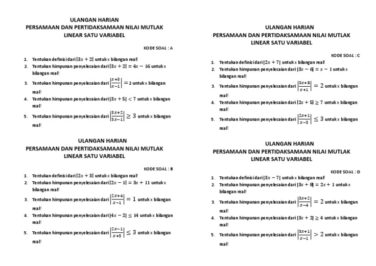 Soal persamaan dan pertidaksamaan nilai mutlak doc