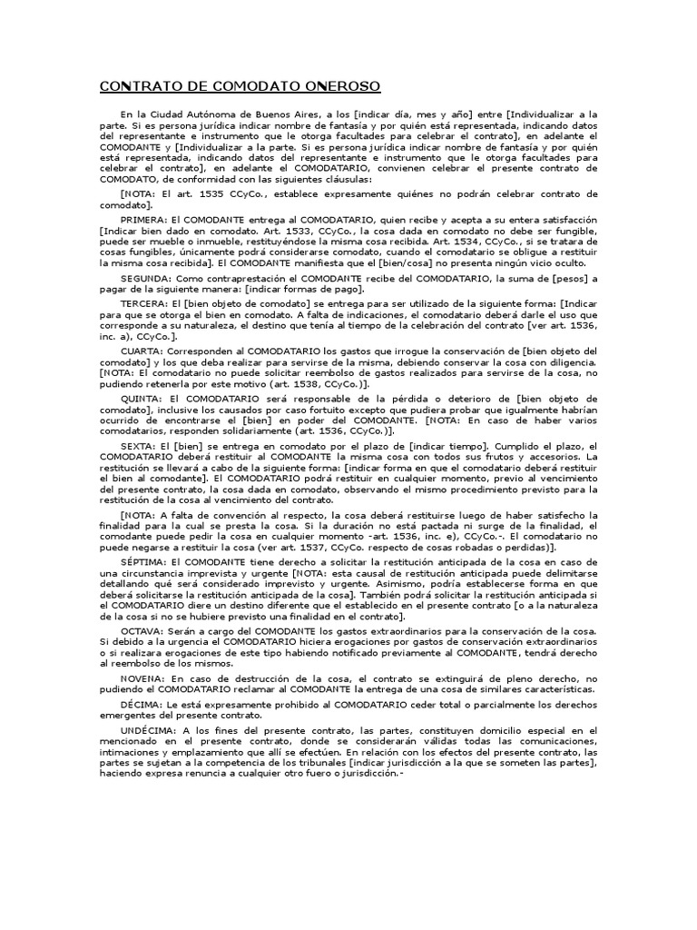 Contrato de Comodato Oneroso Modelo Conceptos legales