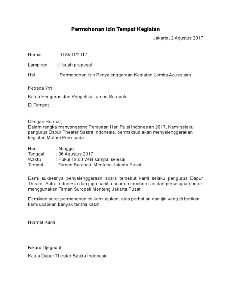 Surat Ijin Penggunaan Tempat - SuratMenyurat.net
