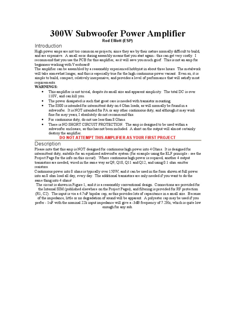 300W Subwoofer Power Amplifier | PDF | Amplifier | Power Supply