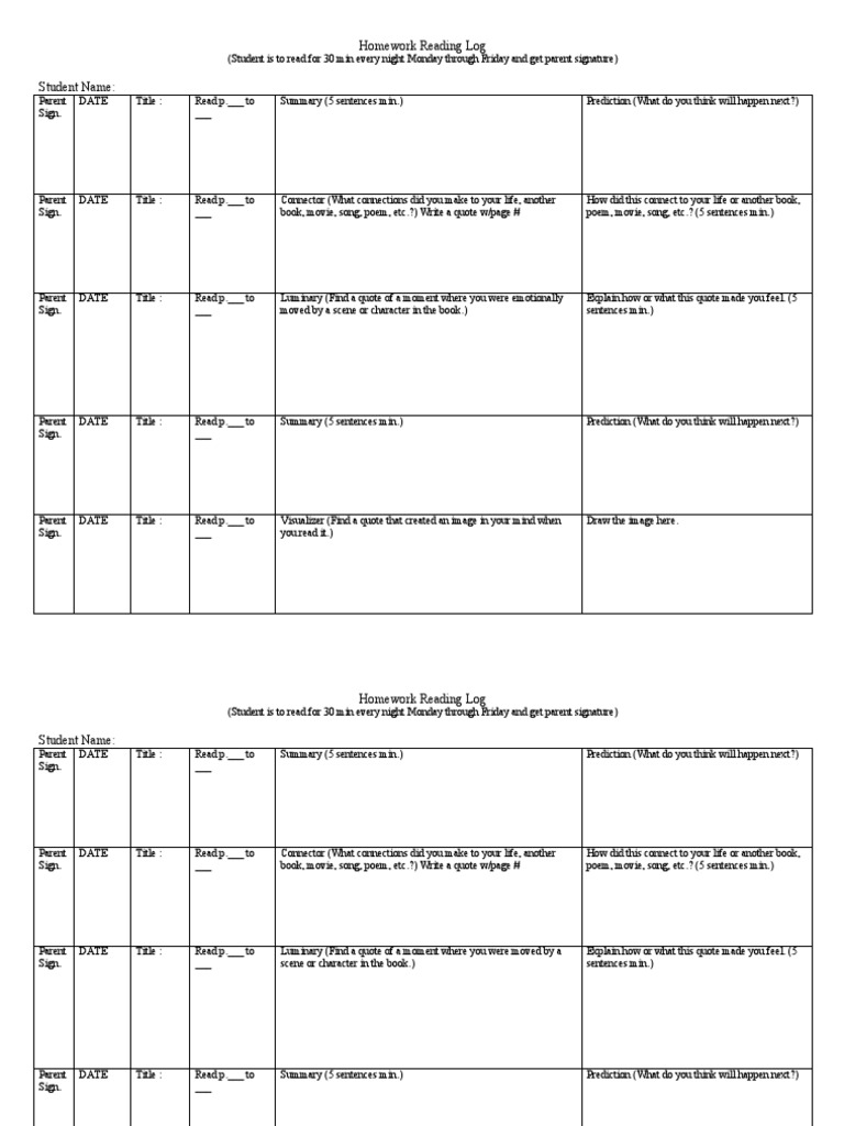 Homework Reading Log Template | PDF | Leisure