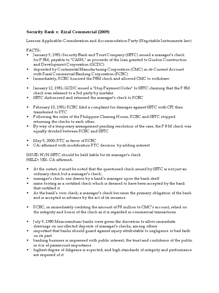 Security Bank v. Rizal Commercial (2009) | PDF | Negligence | Cheque