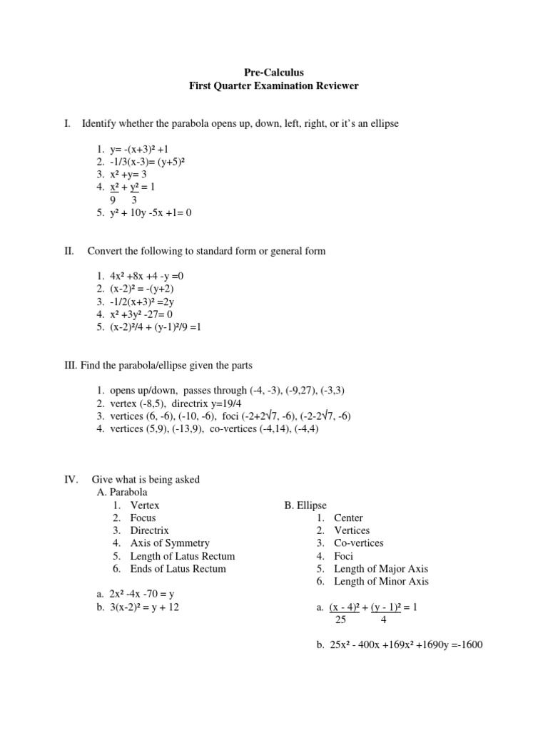Pre-Calculus Parabola and Ellipse Review | PDF
