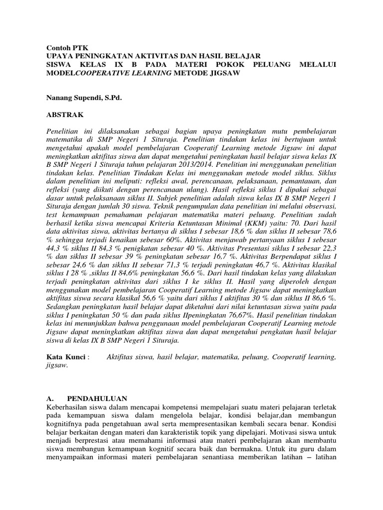 Contoh PTK Pree Test Dan Post Test Setiap Siklus