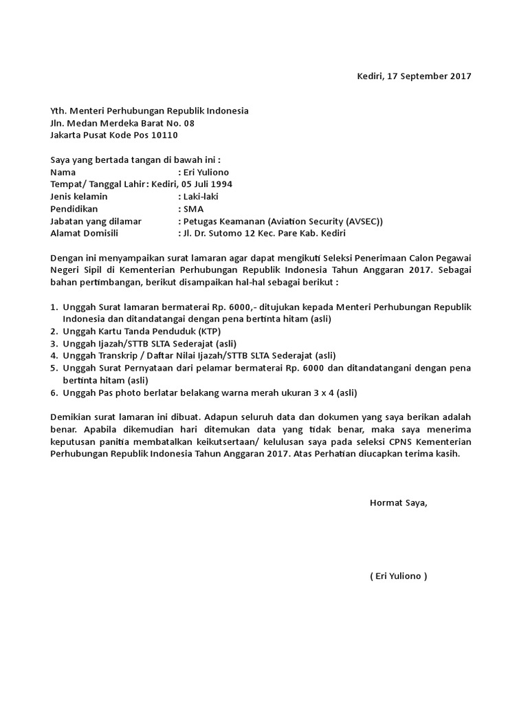 Contoh Surat Lamaran Kerja Sma Sederajat