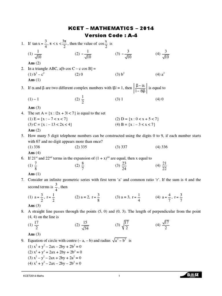 Base Kcetmaths2014a 4 | PDF | Determinant | Functions And Mappings