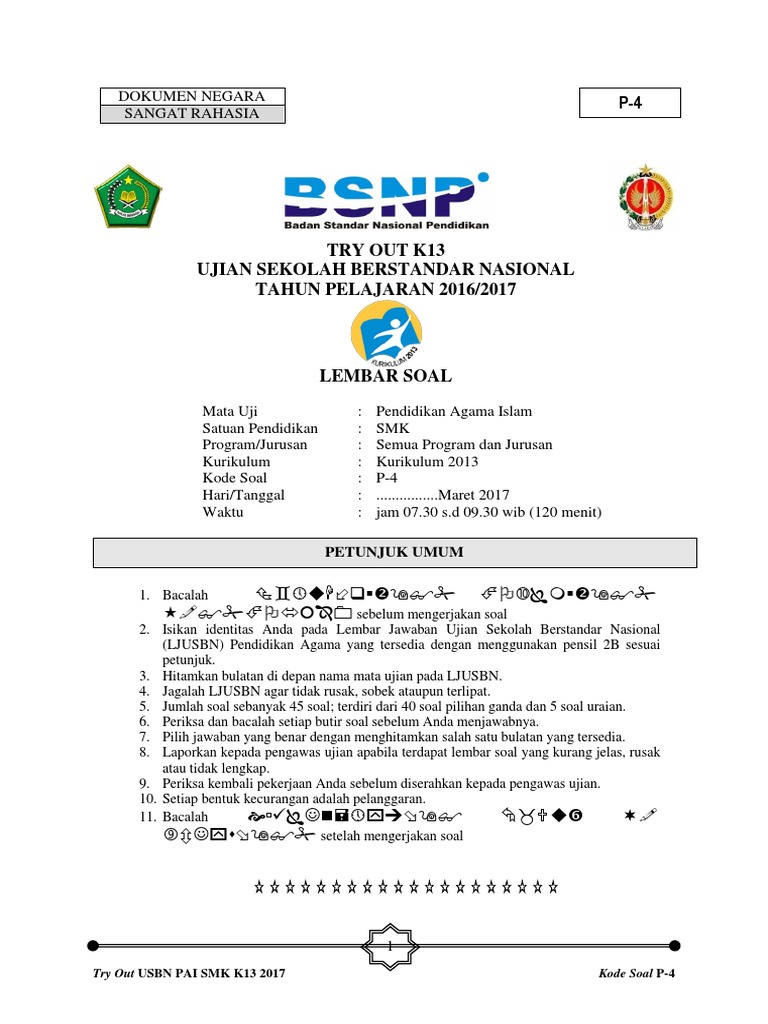 Soal Try Out Usbn Pai Smk k13 2017