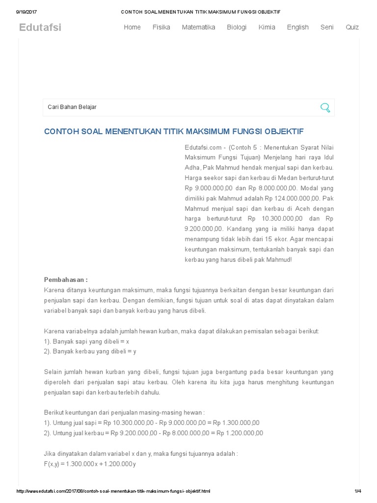 Contoh Soal Menentukan Titik Maksimum Fungsi Objektif