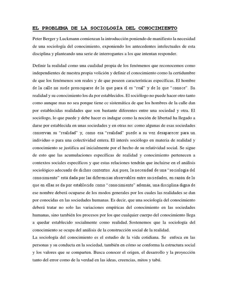 Sociología del Conocimiento y Realidad Social | PDF | Conocimiento ...
