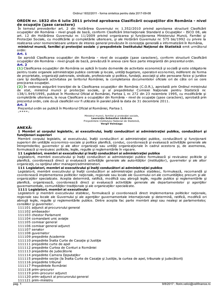 COD COR-2017-09-08 (Ordinul-1832-2011) | PDF
