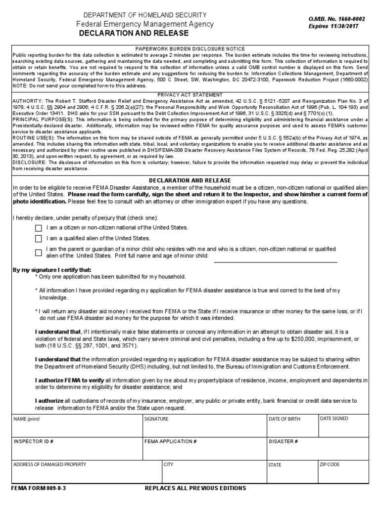 Declaration and Release FEMA Form 009-0-3 (30nov2017) | PDF | Federal ...