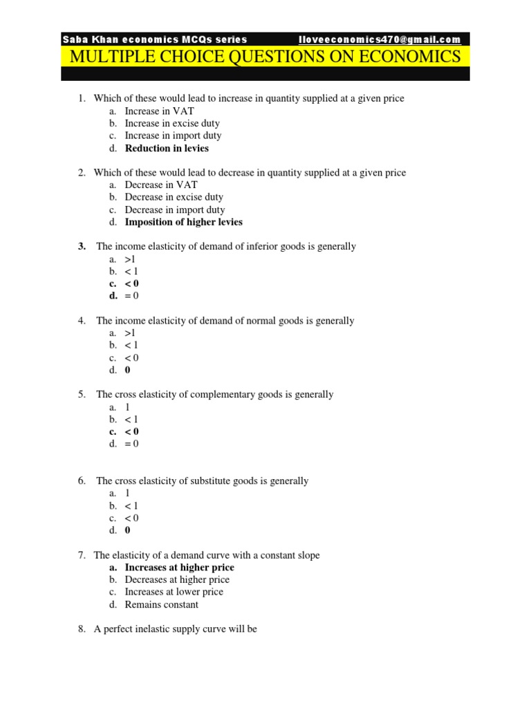 Multiple Choice Questions On Economics 3. The Elasticity of