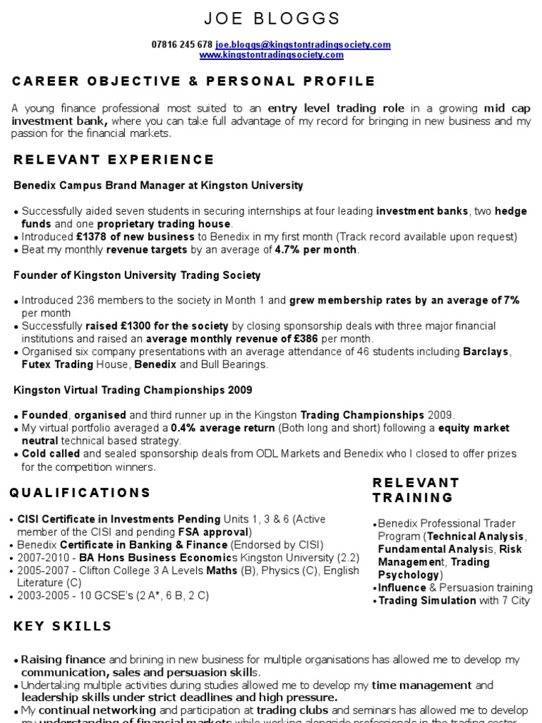 Perfect Trading CV Sample | Investment Banking | Investing