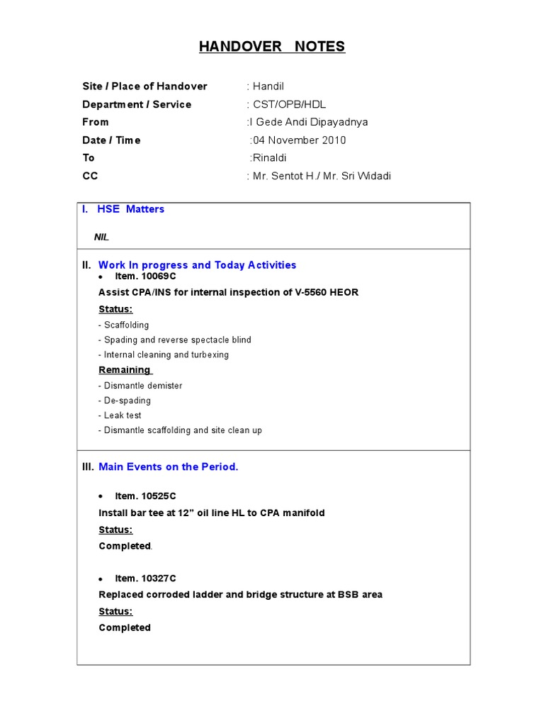 Handover Notes for Handil Site | PDF