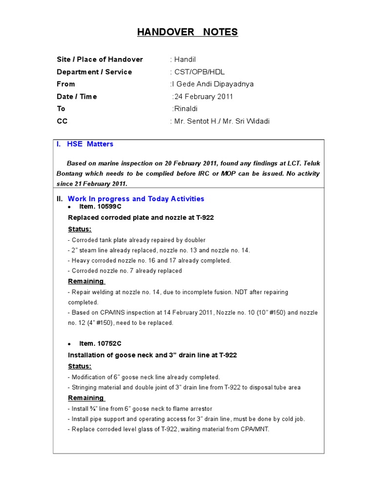 Handover Notes: Site / Place of Handover Department / Service From Date ...