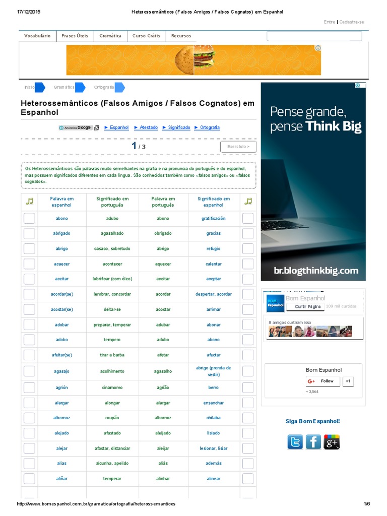 Heterossemânticos (Falsos Amigos - Falsos Cognatos) em Espanhol | PDF