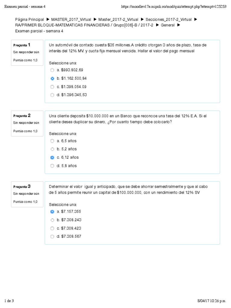 Examen Parcial Matemáticas Financieras | PDF | Finanzas Matemáticas ...