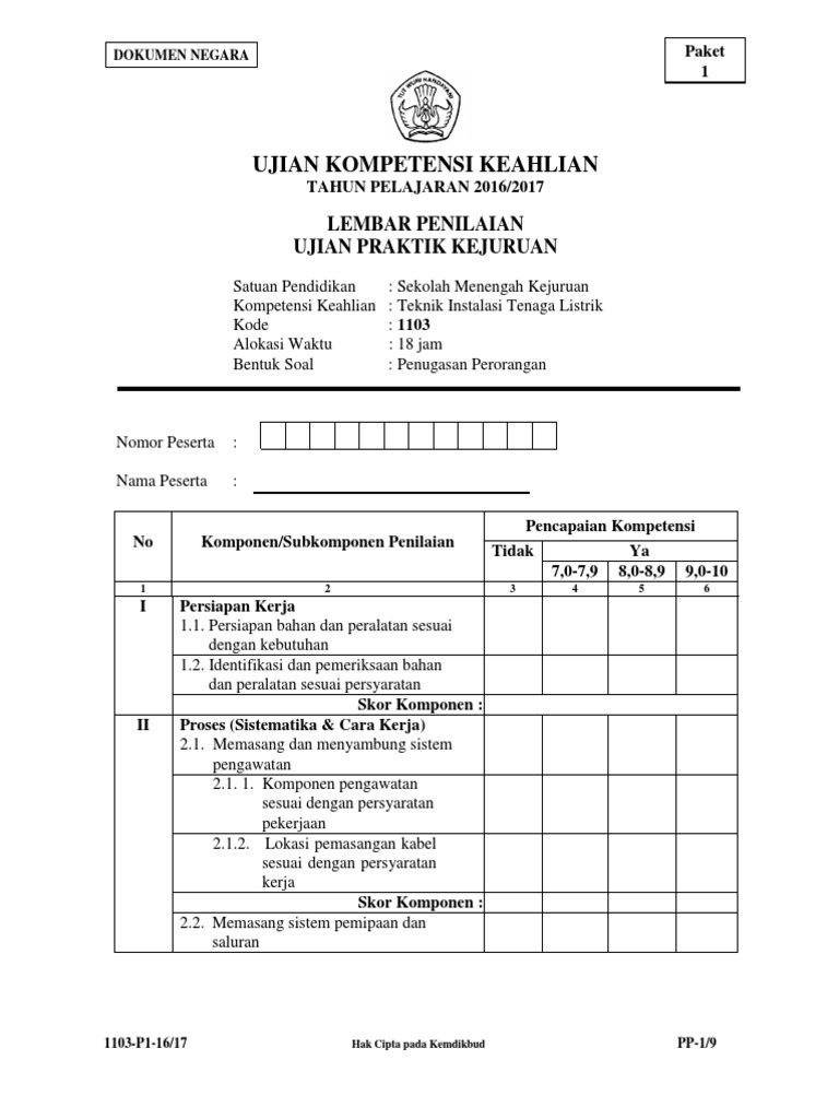 Ujian Kompetensi Keahlian Lembar Penilaian Ujian Praktik