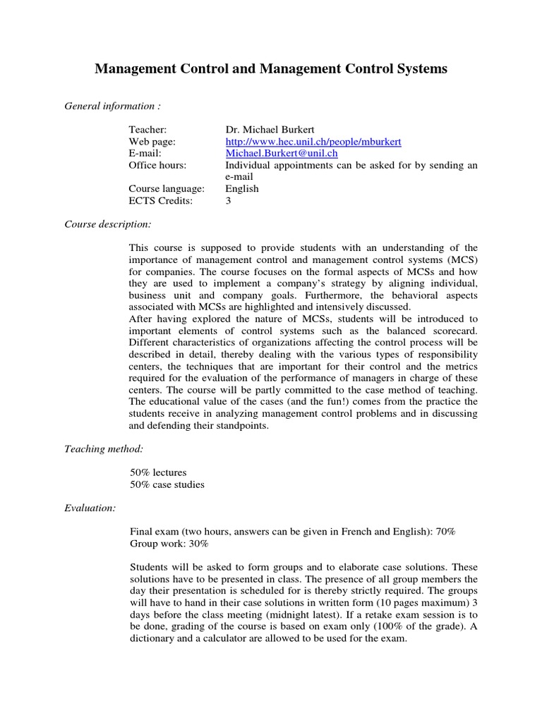 Management Control Systems Overview | PDF | Cognitive Science ...