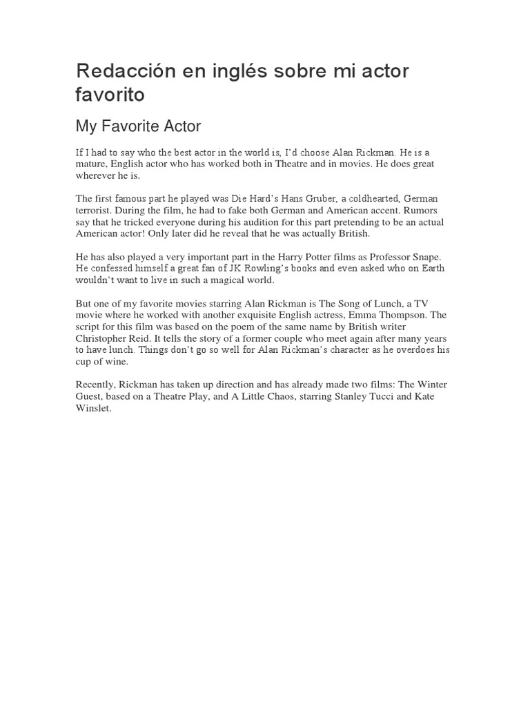 Redaccion En Ingles Sobre Mi Actor Favorito