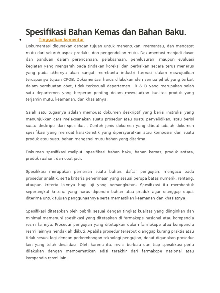 Spesifikasi Bahan Kemas dan Bahan Baku.: Tinggalkan komentar