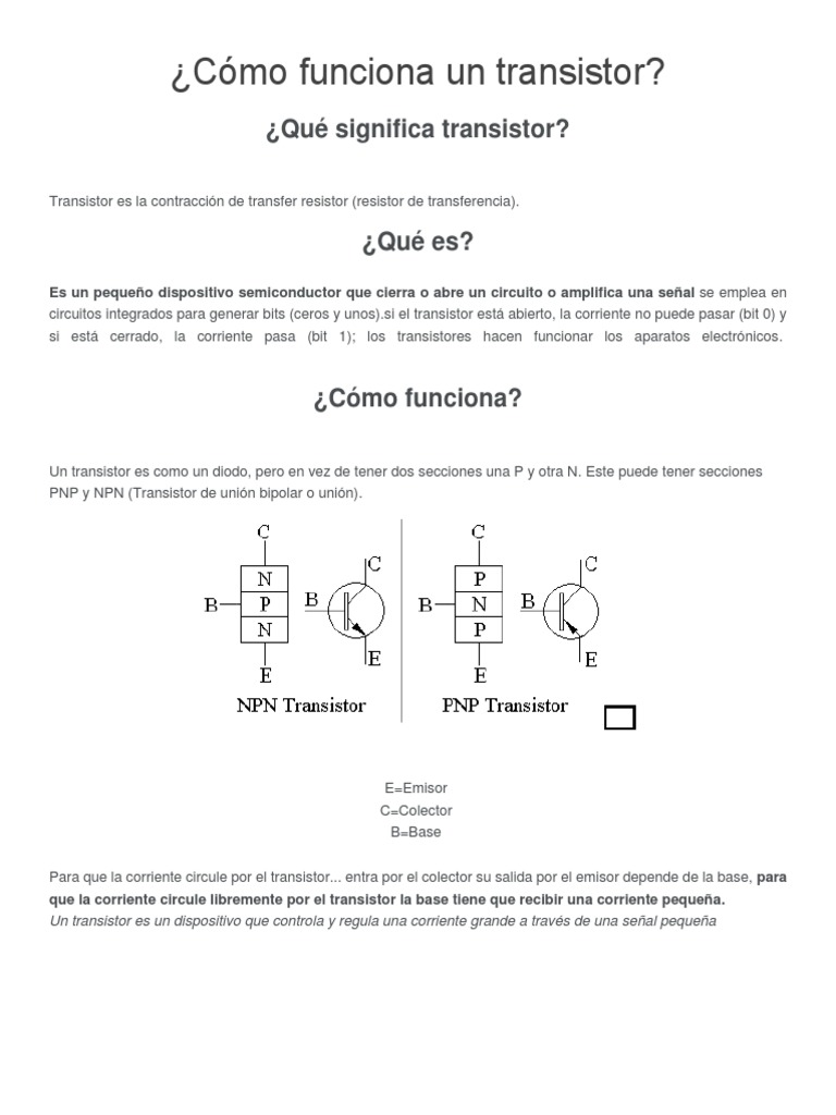 Funcionamiento de Un Transistor PDF Transistor Transistor de