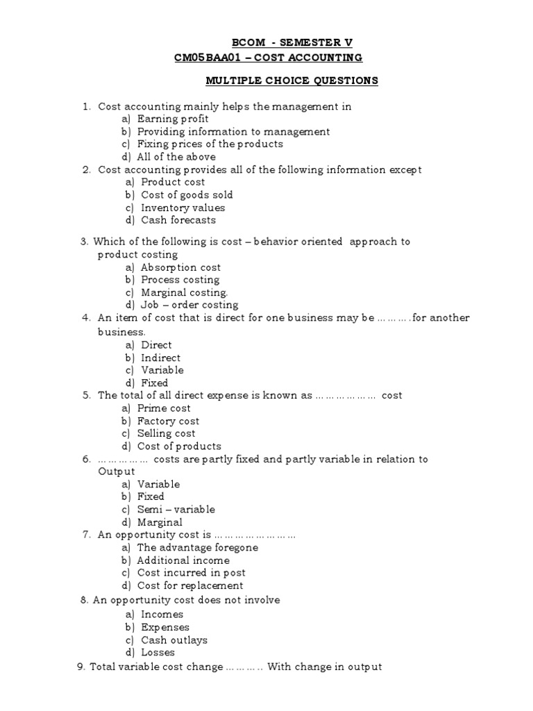 Cost Accounting Multiple Choice Questions And Answers Pdf – HCACX
