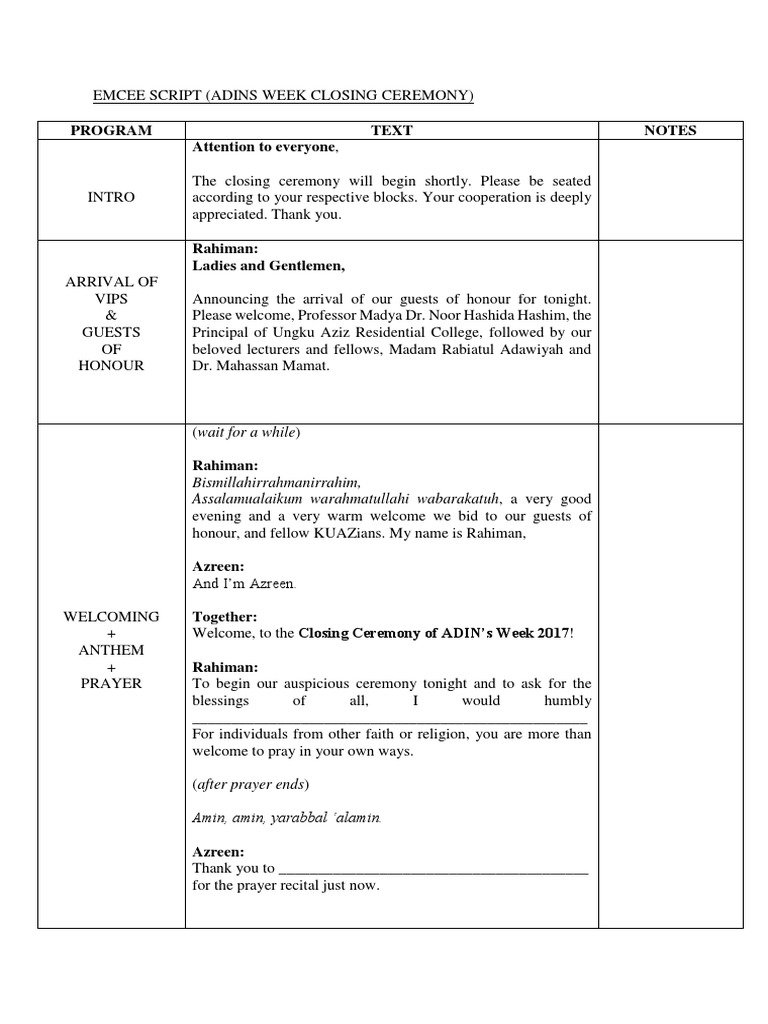 Emcee Script (Adin Week Closing Ceremony) | PDF | Prayer | Entertainment  (General)