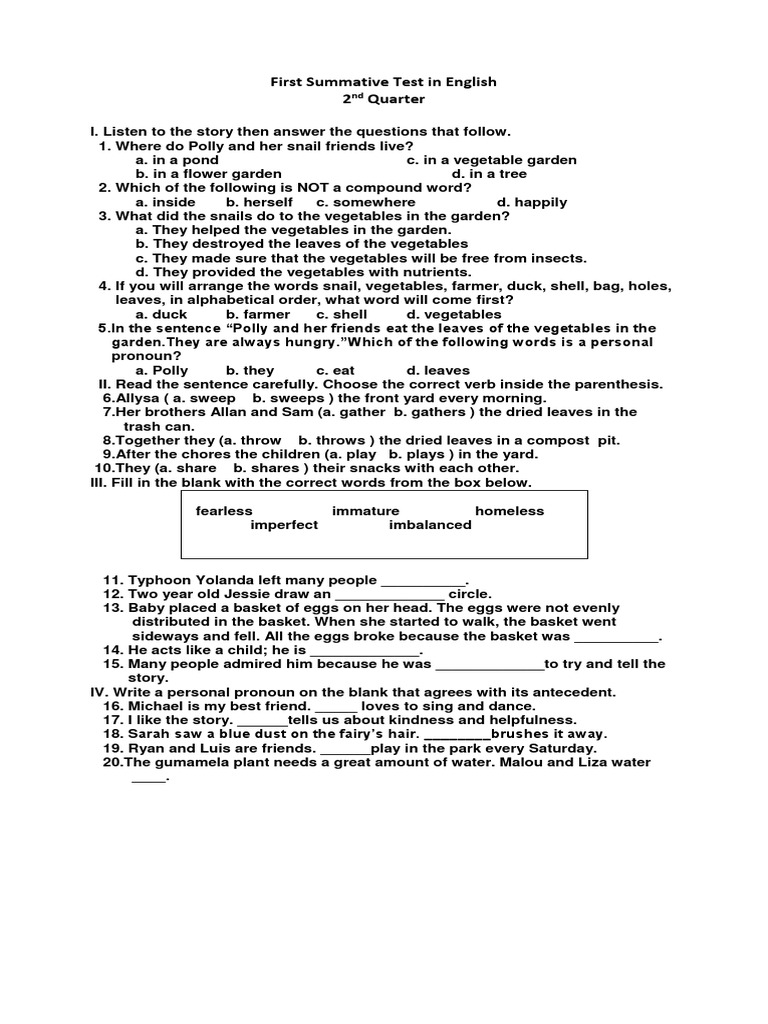 English 2nd Quarter Test Questions | PDF | Nature