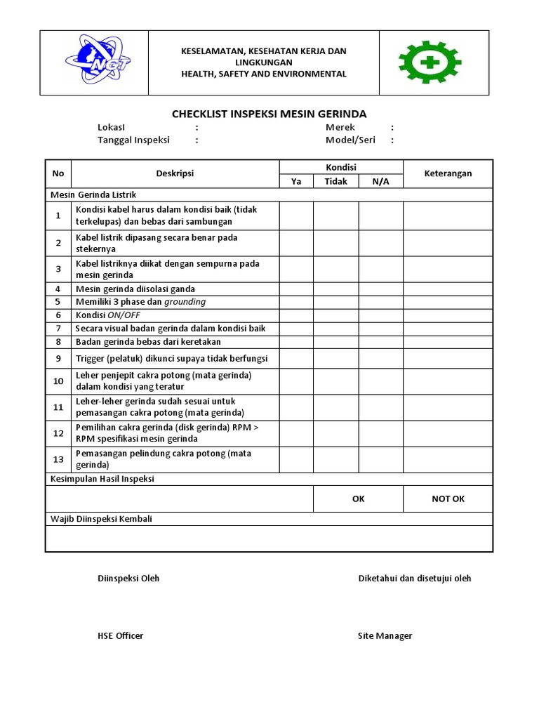 Checklist Inspeksi Mesin Gerinda: Lokasi: Merek: Tanggal Inspeksi