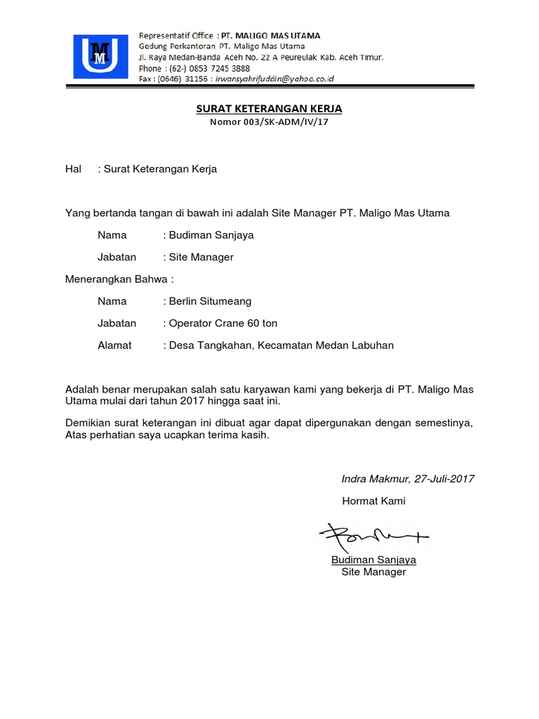 Surat Keterangan Kerja