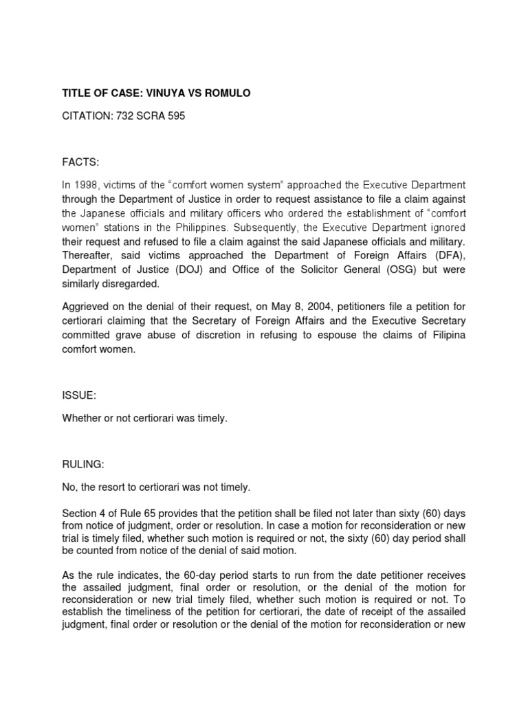 Title of case vinuya vs romulo pdf certiorari public law