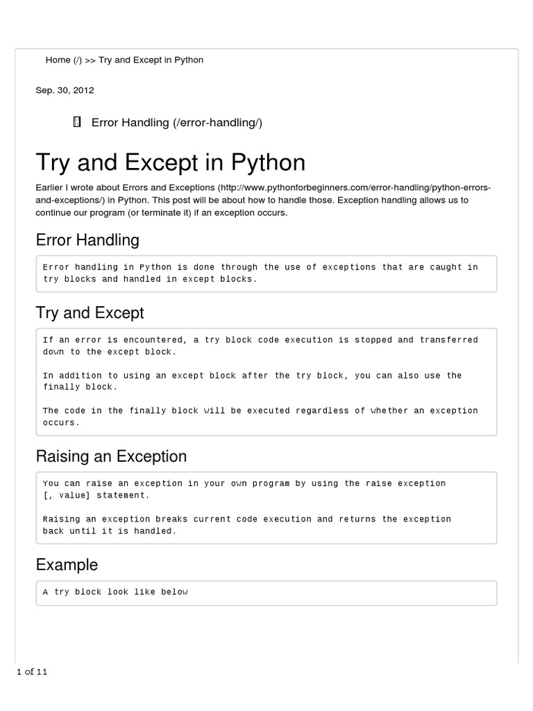 Try and Except in Python Error Handling PDF Python (Programming
