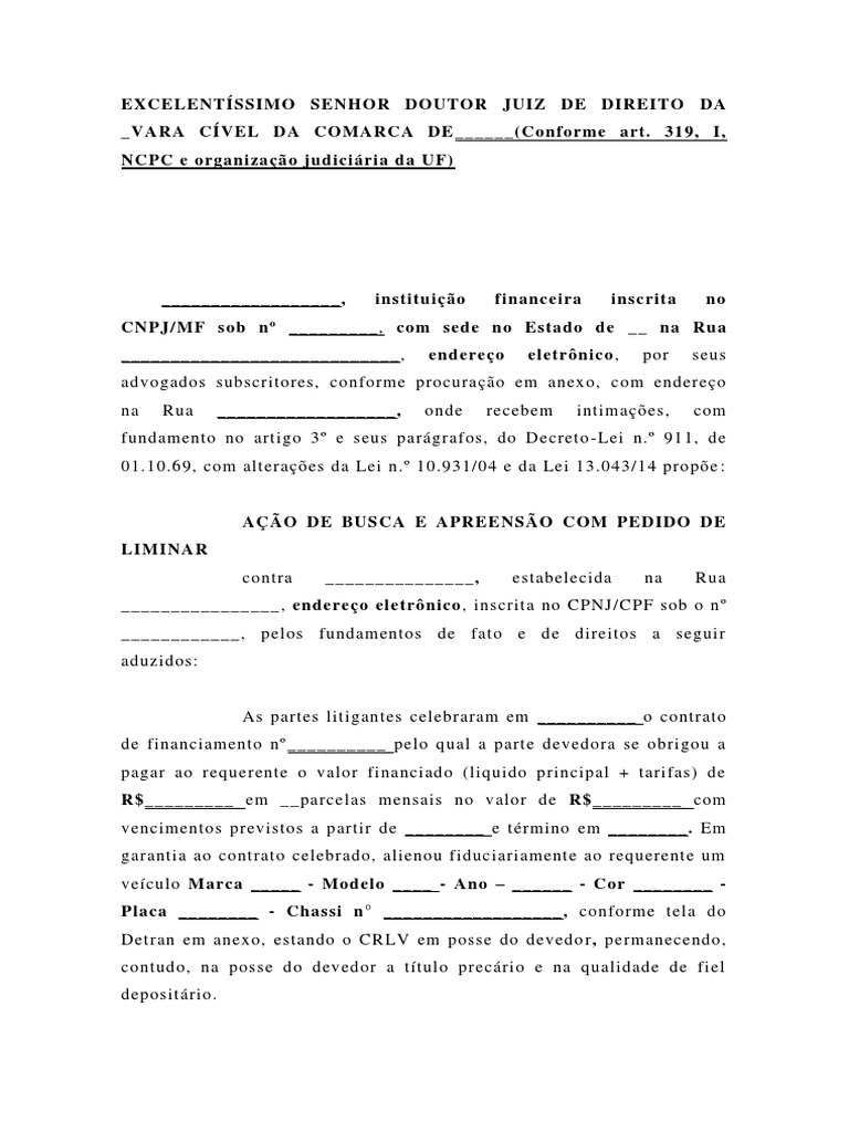 Petição Inicial - Modelo. - Ação de Busca e Apreensão | PDF ...