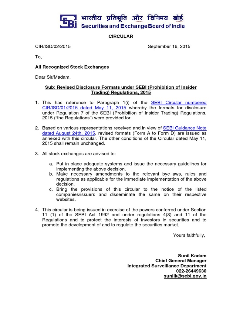 Revised SEBI Insider Trading Formats | PDF | Option (Finance ...