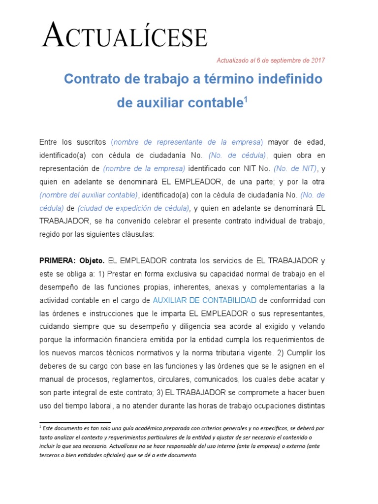 Contrato de Trabajo Auxiliar Contable | PDF | Derecho laboral | Salario