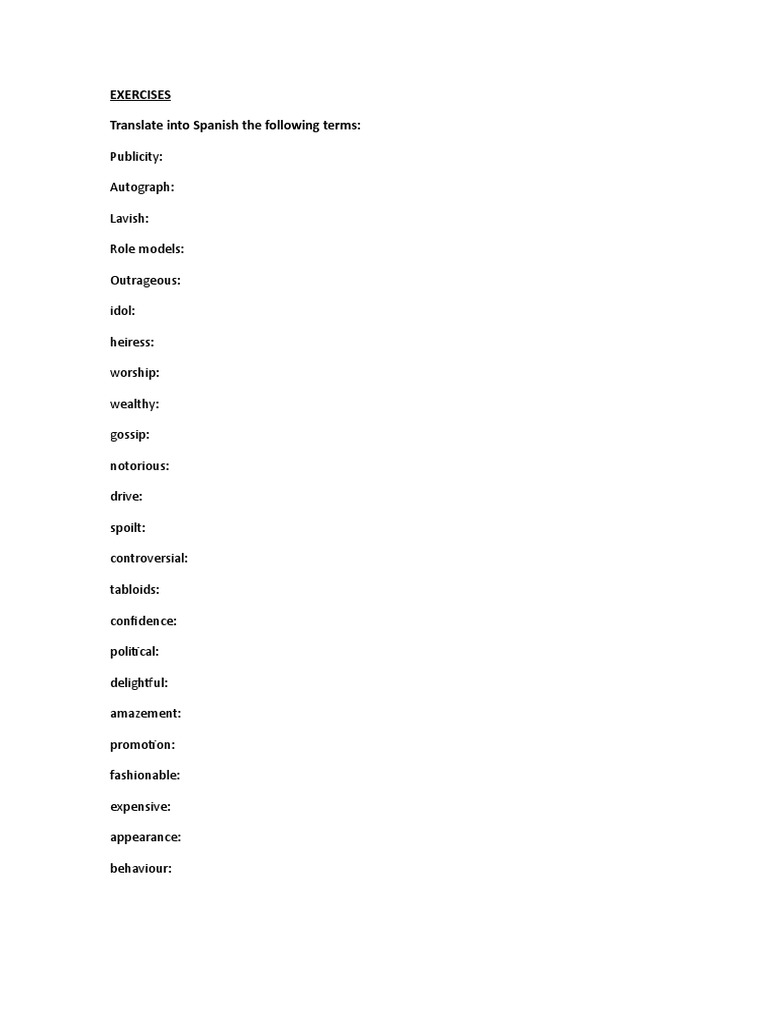 Exercises Translate Into Spanish The Following Terms PDF