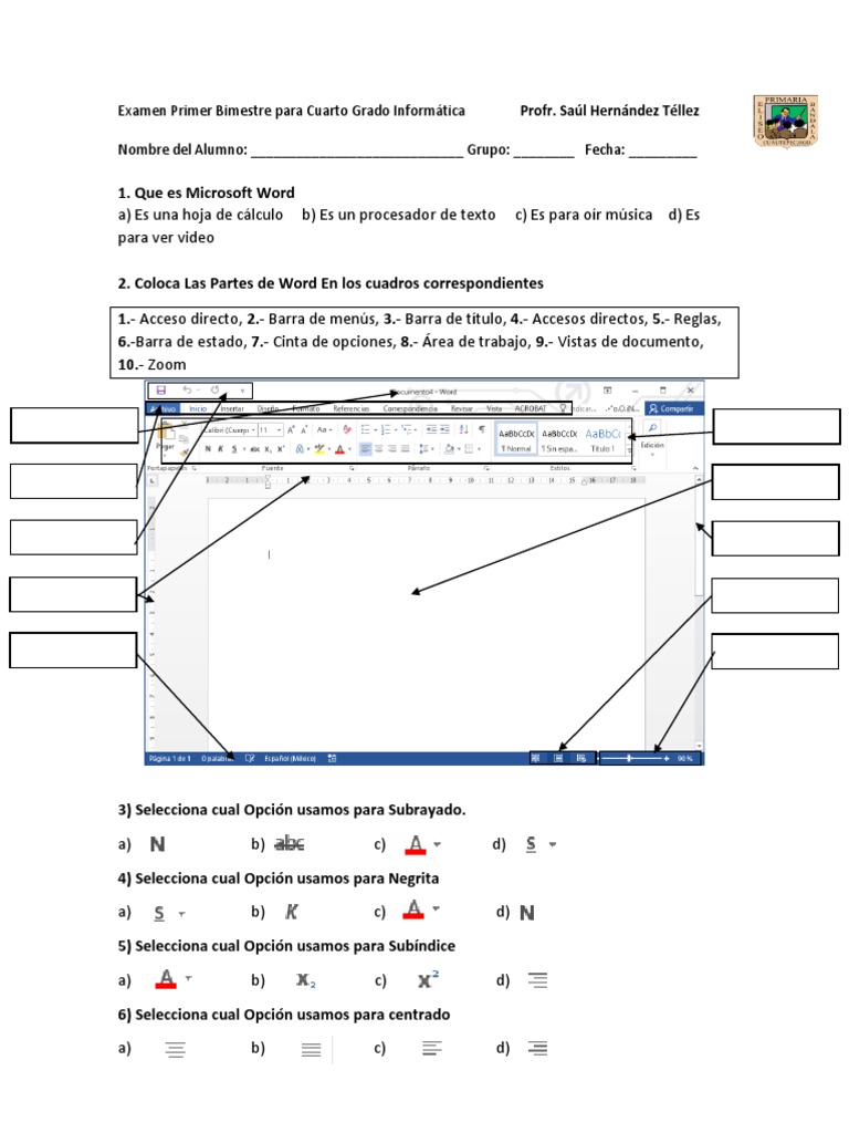 Examen de Informática para 4to Grado | PDF | Microsoft Word | Impresora ...