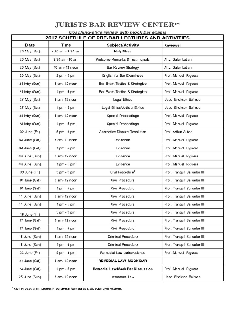 Jurists Bar Review Center Schedule of PreBar Lectures and Activities