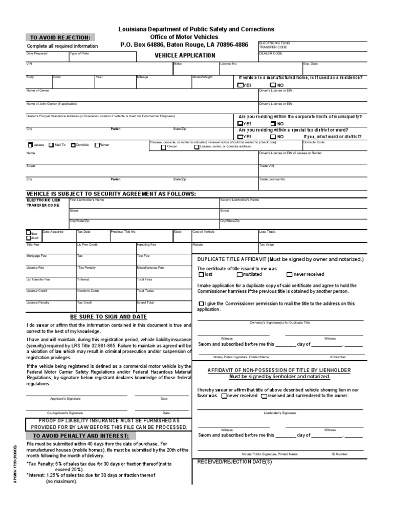 Louisiana Vehicle Application Form 1799 | PDF | Notary Public | Lien